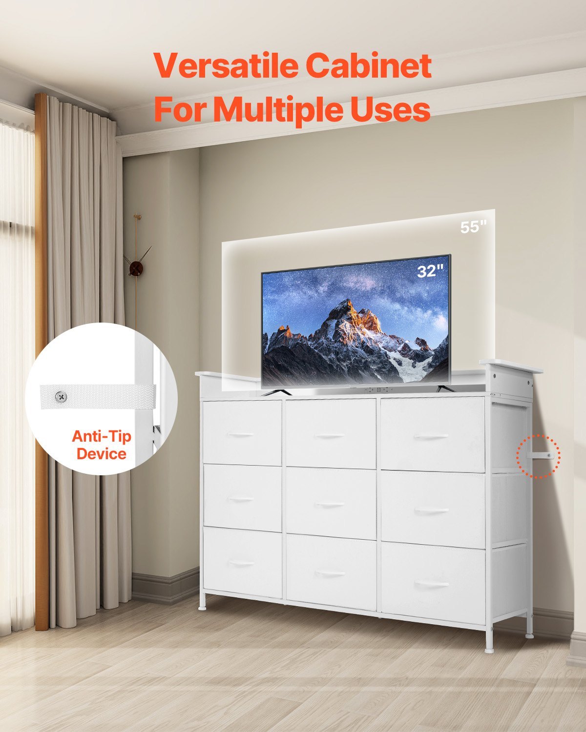 9 Drawer Dresser, Tall Drawer Dresser With Fabric Bin, Closet Storage Drawers With Sturdy Metal Frame, LED Lights & Built-in Outlet, Fabric Storage Tower For Bedroom, Hallway, Closet, White