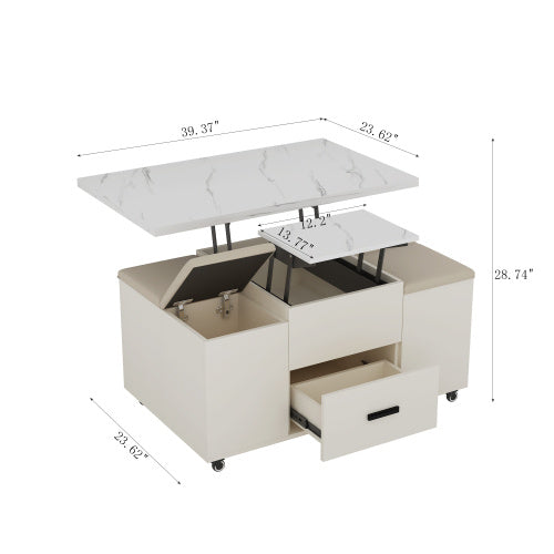 Modern Lift-Up Coffee Table With 4 Stools Set For Living Room Expandable 1 Hidden Storage 2 Drawers Space Saving Folding Dining Table CJDropshipping
