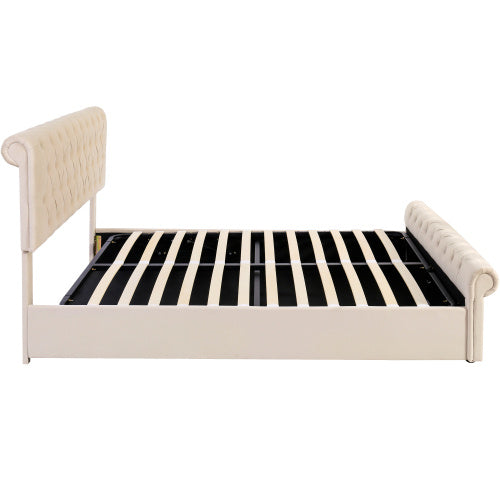 Upholstered Bed 5ft,150x200, 5ft King Bed, Luxurious Velvet Button-Tufted Sleigh Bed Storage, Functional Bed With Slatted Frame And Storage, Beige