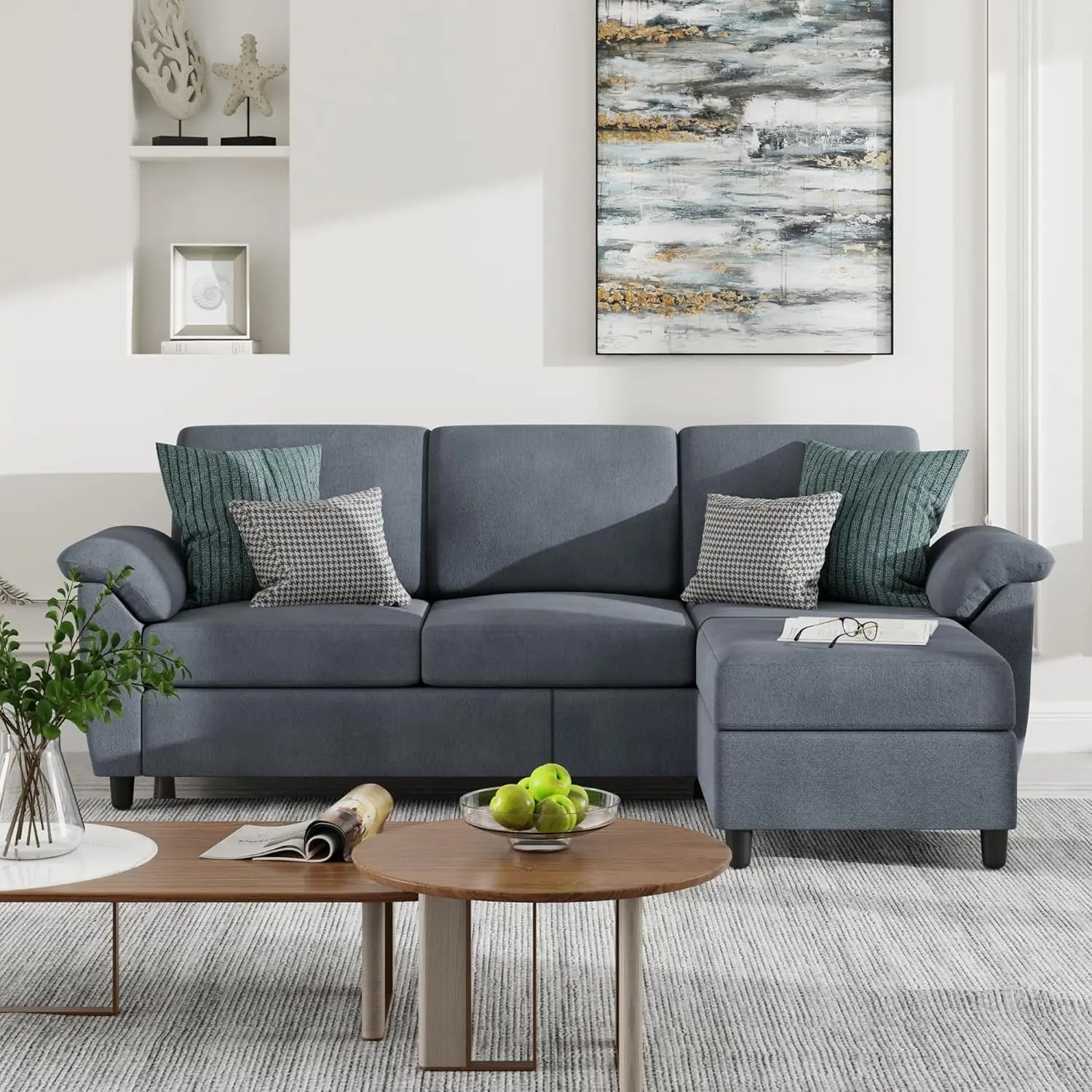 Gray Linen Sectional Sofa with Pillows Peach Maple