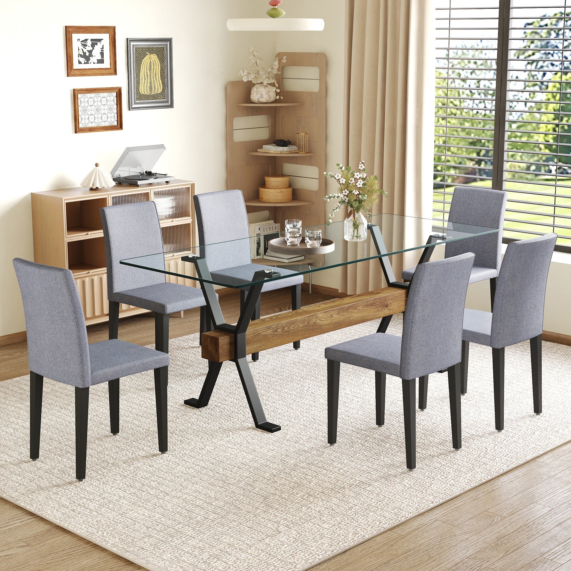 Table and chair set.79'x31.5' Inch Tempered Glass Tabletop With Sangria Beech