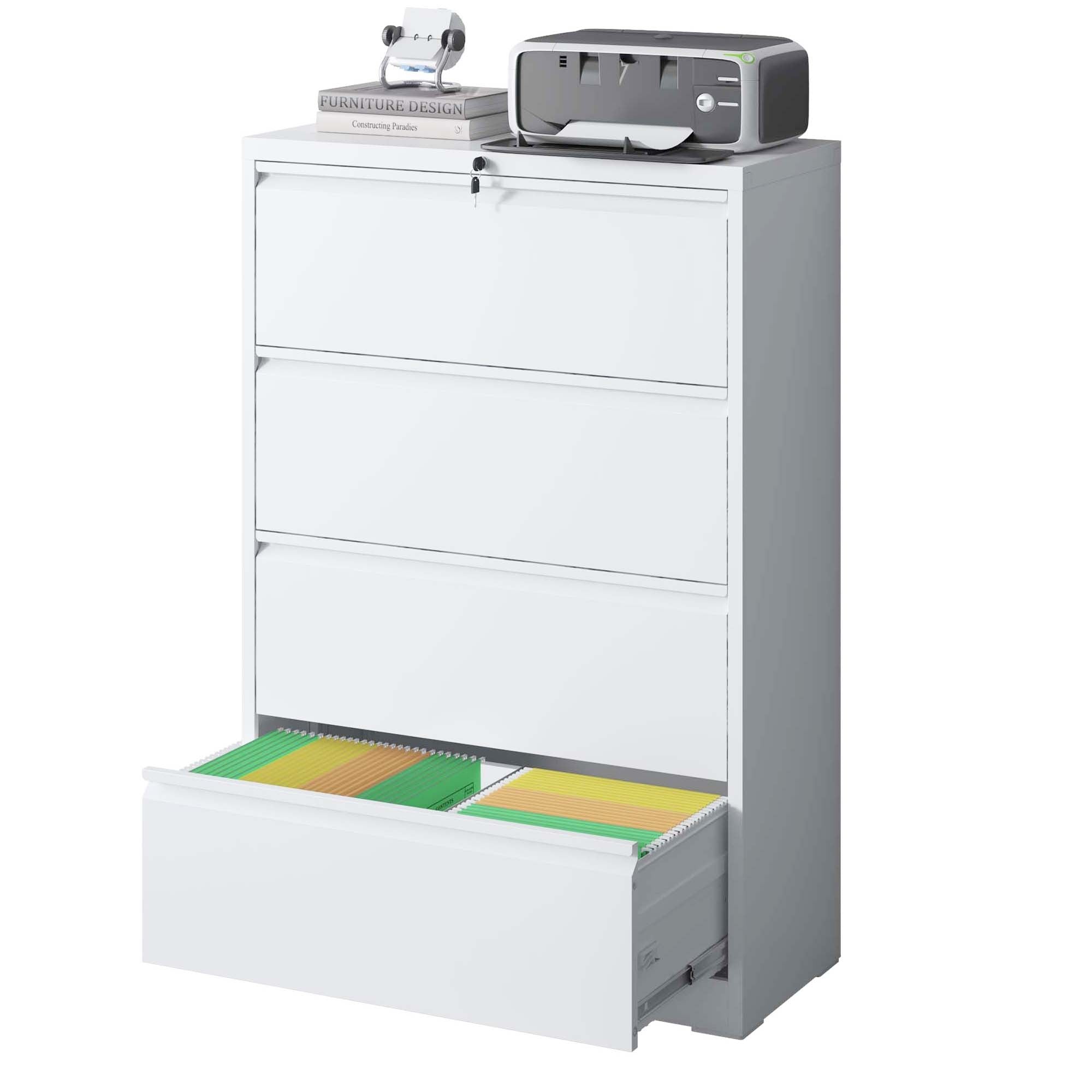 Lateral File Cabinet 4 Drawer, White Filing Cabinet With Lock, Lockable File Cabinet For Home Office, Locking Metal File Cabinet For Legal Letter A4 F4 Size