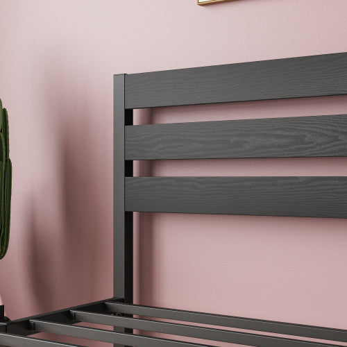 Twin Size Platform Bed Frame With Rustic Vintage Wood Headboard, No Box Spring Needed Black