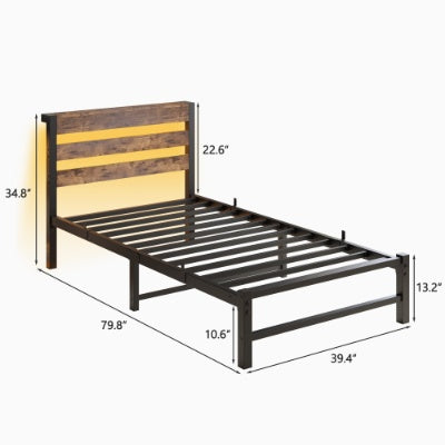 Twin Size Bed Frame Heavy Duty Platform Bed Frame With Headboard, USB Charging Station, LED Bed, No Box Spring Needed, Mattress Foundation, Strong Steel Slats, Noise Free, Brown CJDropshipping