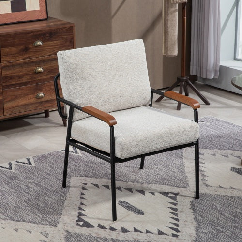 Modern Accent Chair With Natural Wood Armrests And Black Metal Frame, Light Beige Upholstered Seat And Backrest, Comfortable Lounge Chair For Bedroom, Living Room, Dining Room, Set Of 1