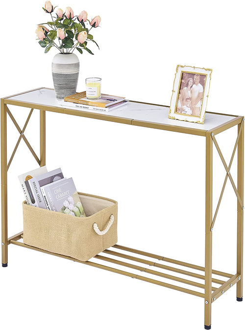 Gold and White Narrow Console Table with Shelves Peach Maple
