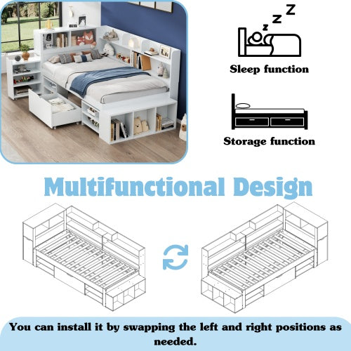 Children's Bed, Single Bed-3ft 90x190cm, Single Bed, Multifunctional Children's Bed With Drawers, Bookcase And Storage Cupboard, Large Storage Space, Slatted Frame, Without Mattress, White