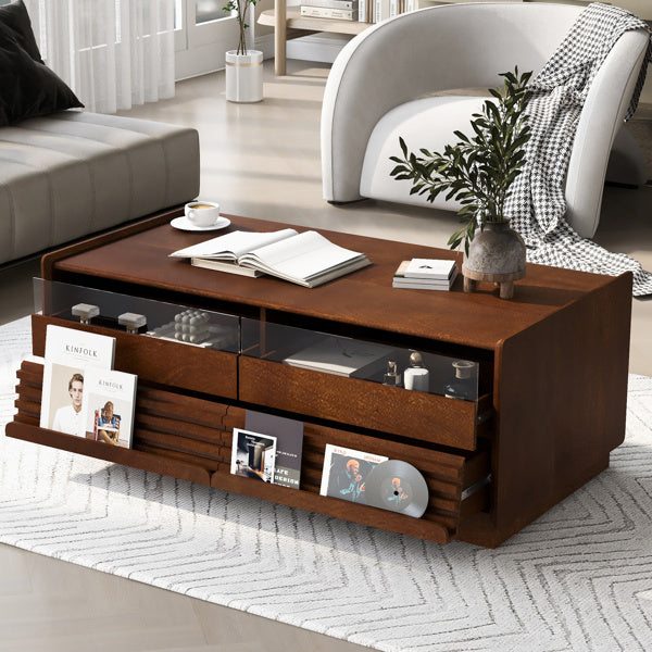 U-Can Modern Rectangle Coffee Table With 4 Drawers And 2 Display Shelves,  Wood Coffee Table With Fluted Style, Tempered Glass For Living Room CJDropshipping