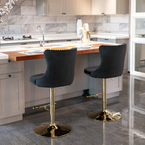 Golden Swivel Velvet Barstools Adjusatble Seat Height From 25-33 Inch Black,Set Of 2