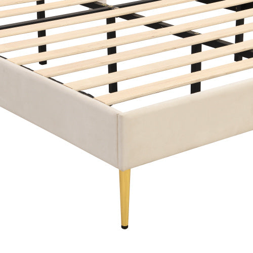 Velvet Upholstered Bed,Double Bed-4ft6 135x190cm, Shell-like Bed With Golden Iron Legs, Height-adjustable Headboard, Wooden Slatted Frame, Beige