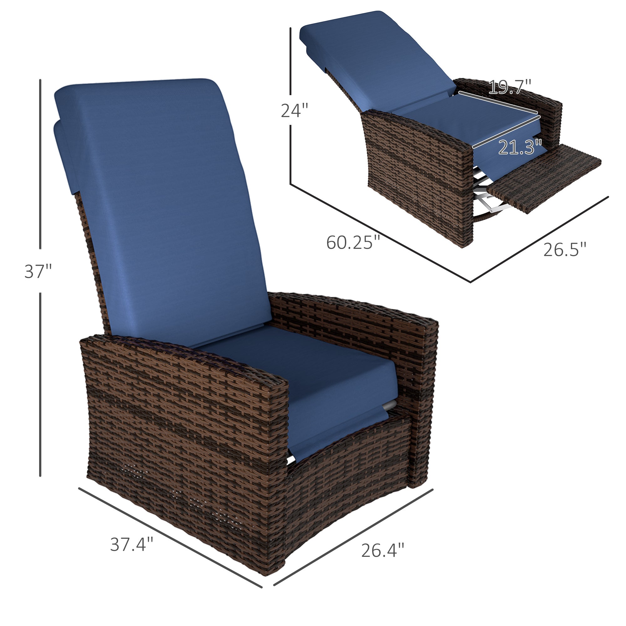 Outdoor Wicker Swivel Recliner Chair, Lifting Footrest, 360 Rotating Basic, Water-resistant Cushions, Dark Blue