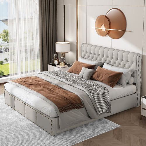 Upholstered Bed,Double Bed-4ft6 135x190cm ,with Hydraulic Lever, Functional Storage Bed, Rivet Decoration, Without Mattress, Linen, Light Grey