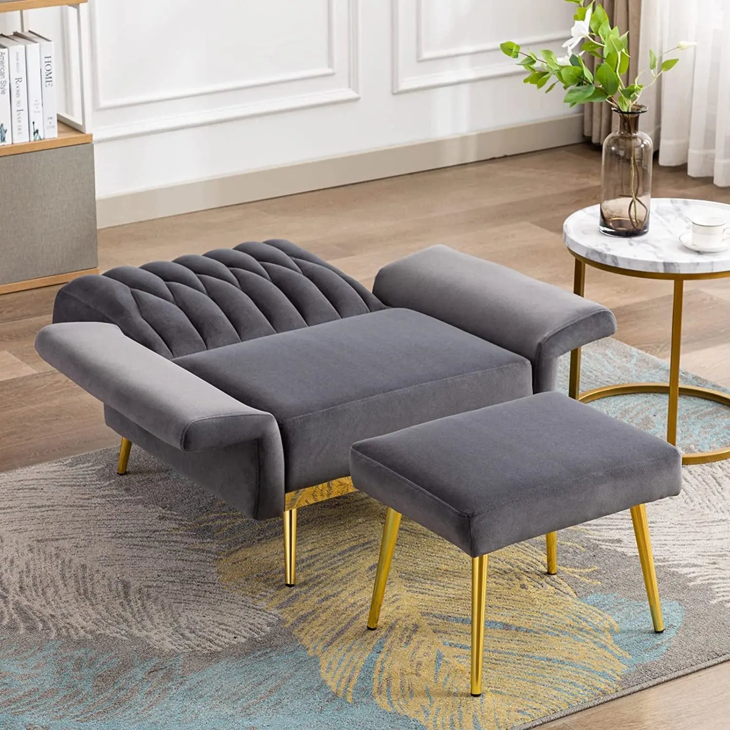 Grey Velvet Accent Chair with Ottoman and Armrests Peach Maple