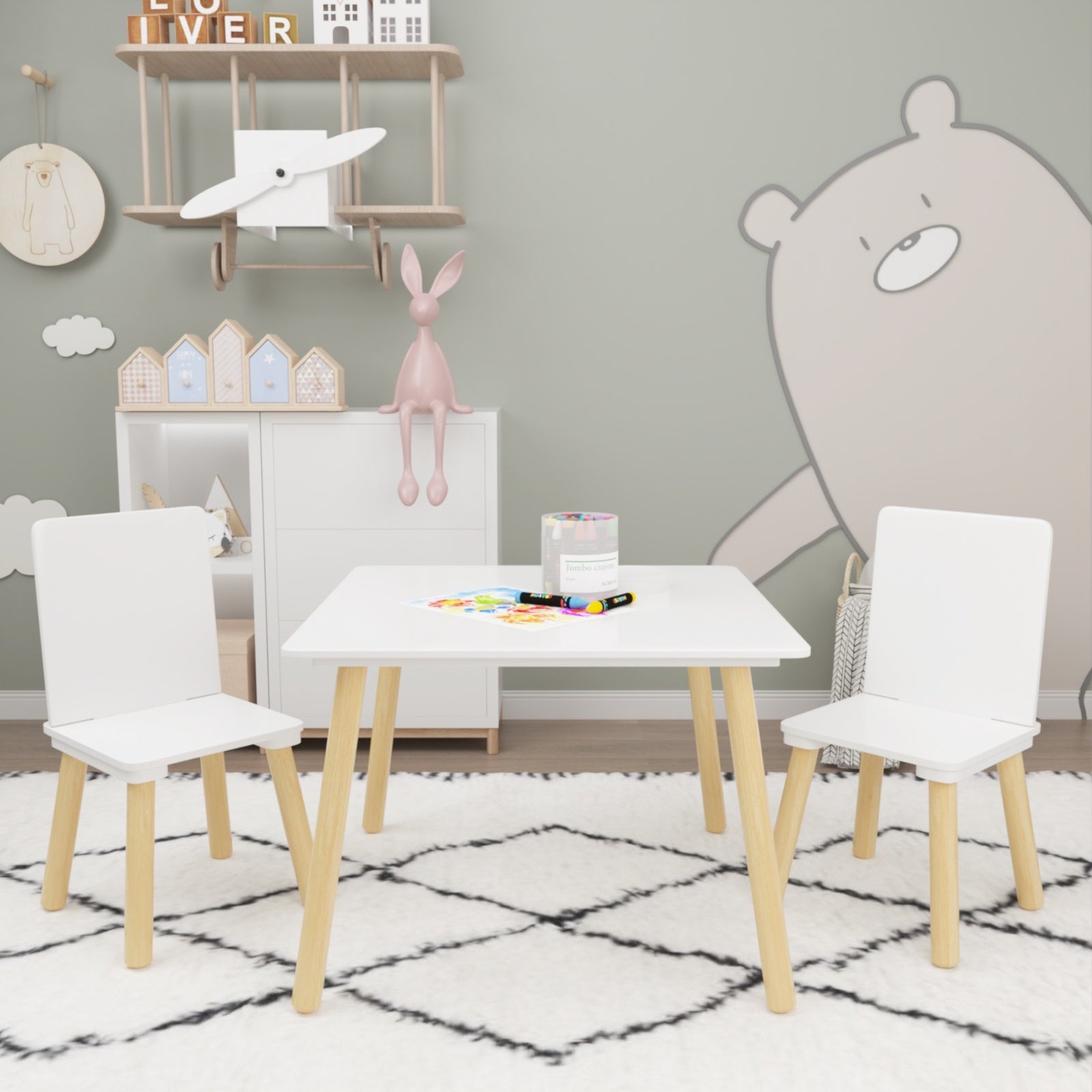 Kids Table And 2 Chairs Set, 3 Pieces Toddler Table And Chair Set, Wooden Activity Play Table Set W