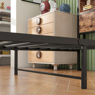 Twin Size Bed Frame With Storage Headboard, Metal Platform Bed With Charging Station, Bookcase Storage, No Box Spring Needed, Easy Assembly