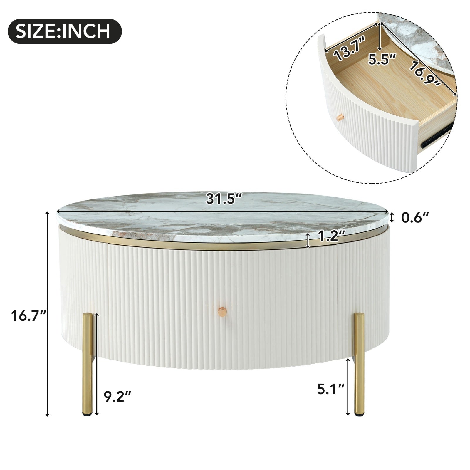 Modern Round Coffee Table With 2 Large Drawers Storage Accent Table  31.5 CJDropshipping