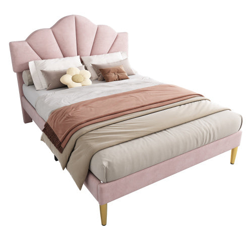 Velvet Upholstered Bed,King Size Bed-5ft 150x200cm  Shell-like Bed With Golden Iron Legs, Height-adjustable Headboard, Wooden Slatted Frame