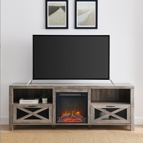 Industrial Farmhouse Metal Mesh Drop-Down X-Door Fireplace TV Stand CJDropshipping