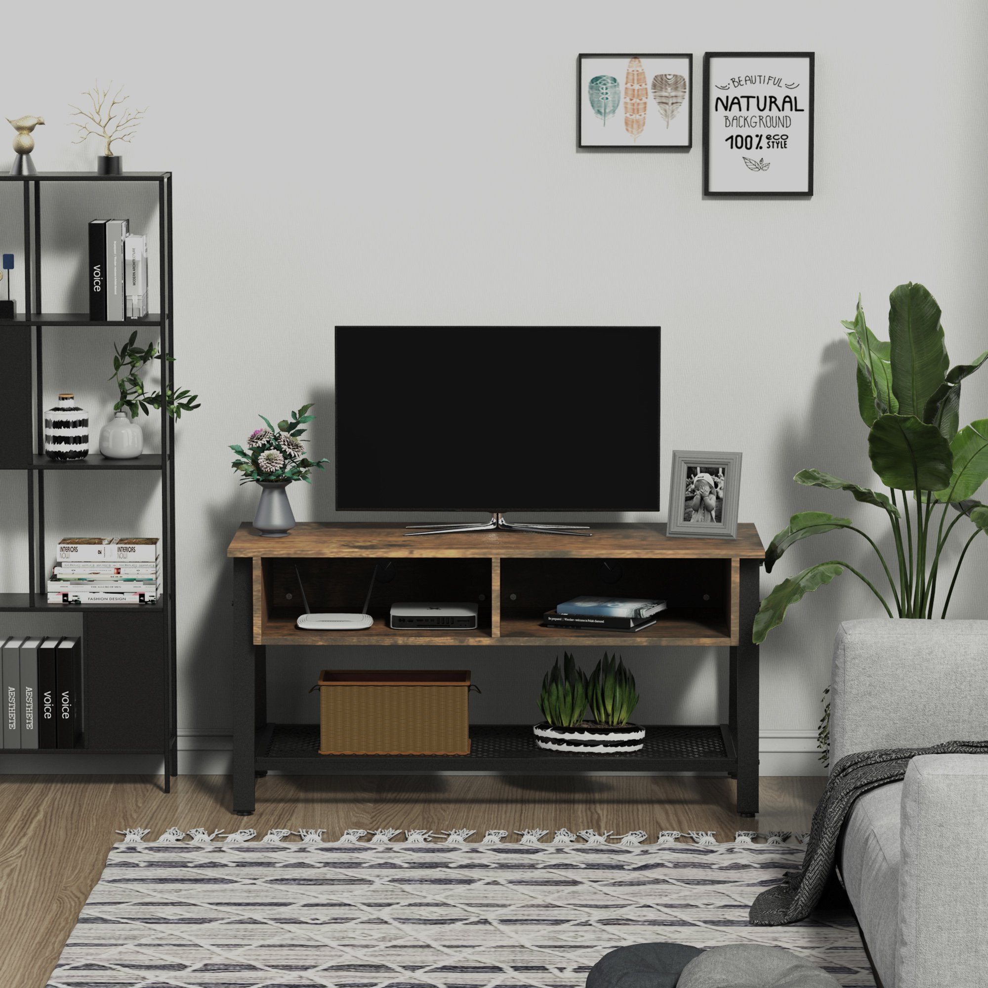 HOMCOM Mid-Century Modern Media Center TV Stand with 2 Cable Taupe Shadow