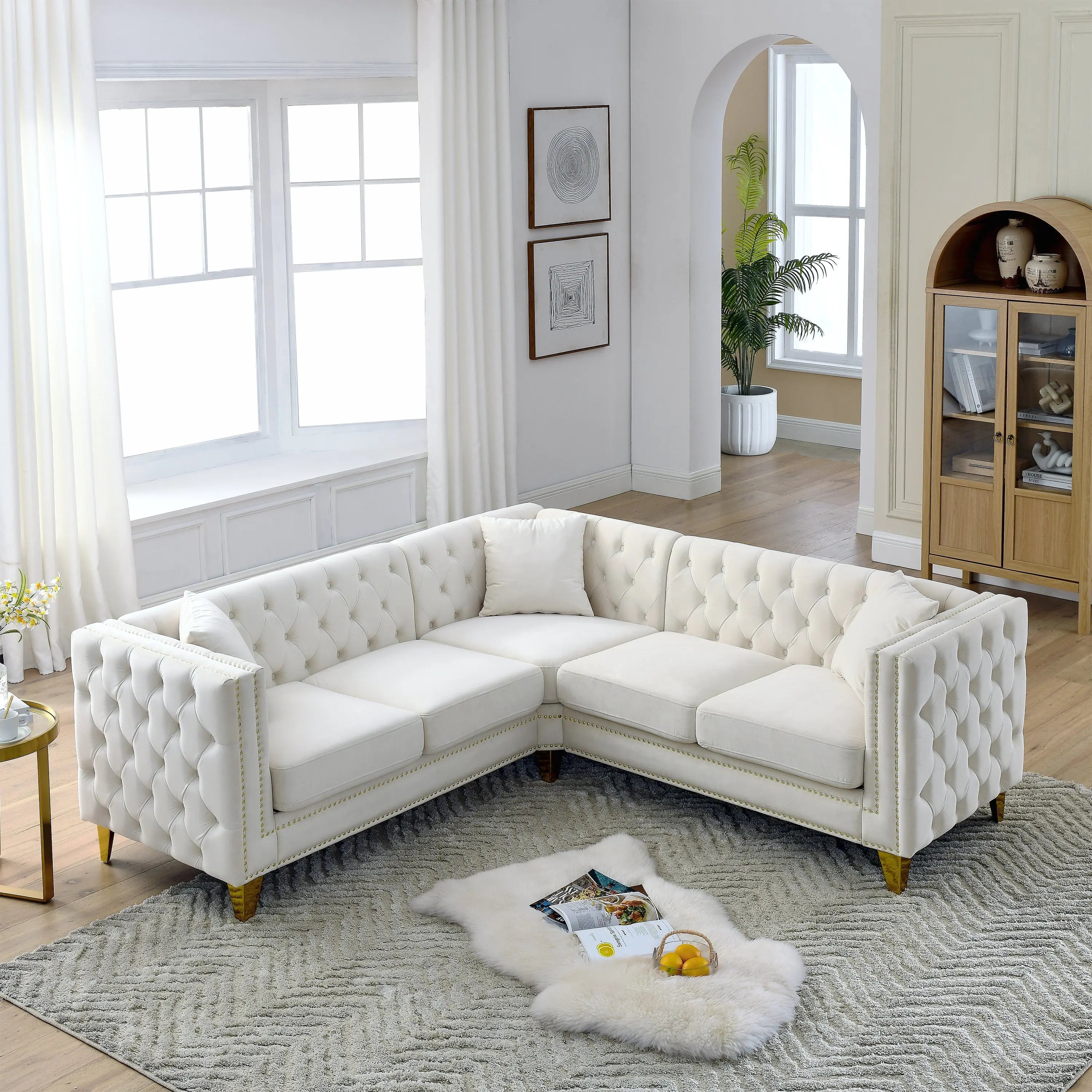 82.2-Inch Velvet Corner Sofa Covers, L-Shaped Sectional Couch, Sangria Beech