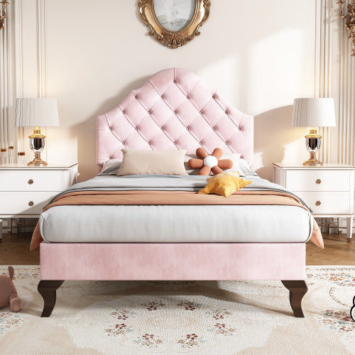Upholstered Bed 90X190 With Slatted Frame And Headboard, Upholstered Bed With Height-adjustable Headboard, Youth Bed, Single Bed, Wooden Slat Support, Easy Assembly, Velvet, Pink