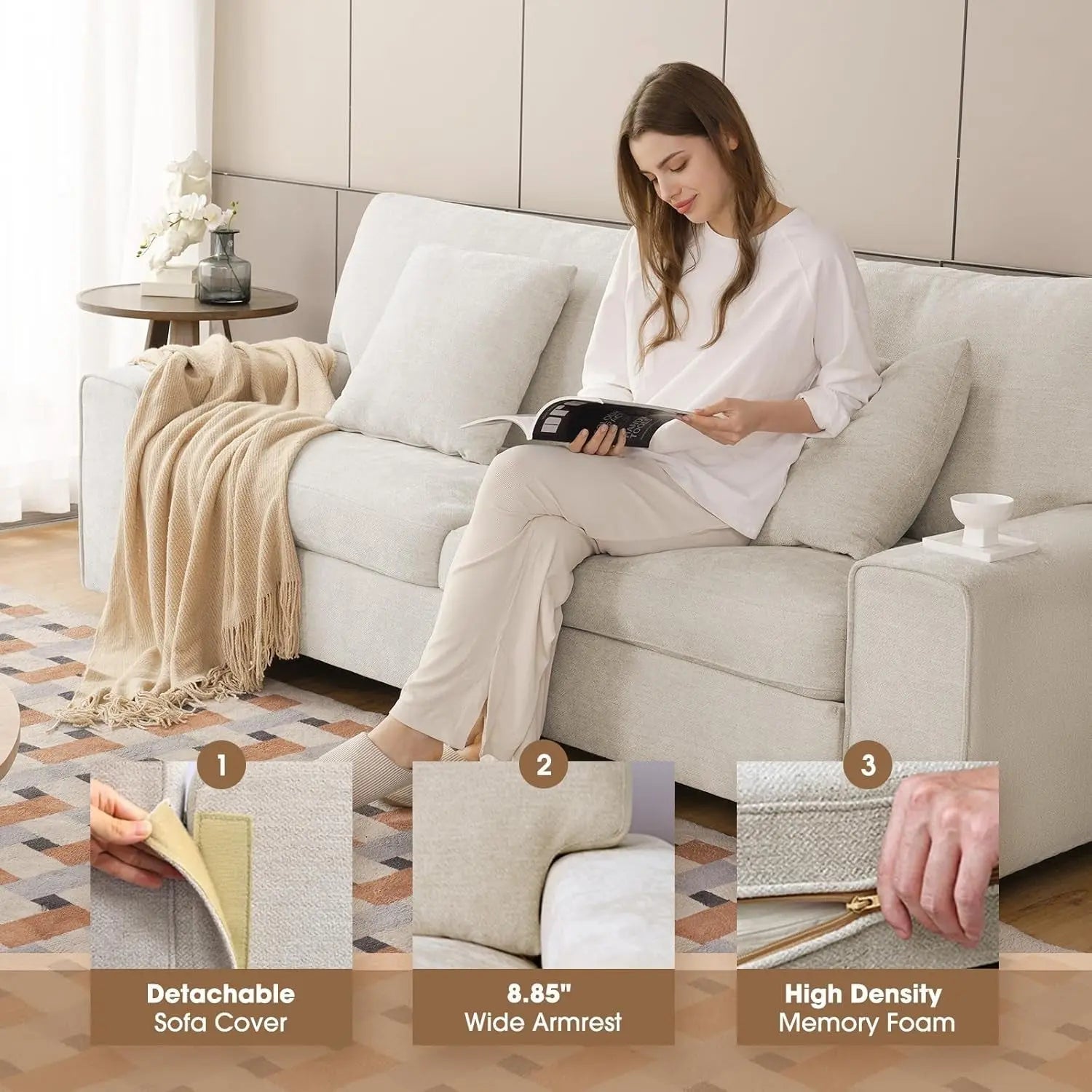 Modern Beige Chenille Recliner Sofa for Living Room Peach Maple
