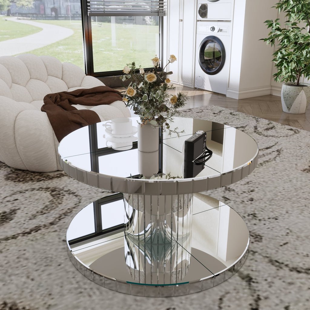Luxury Double-Tier Round Mirror Coffee & End Table with Fluted Glass -