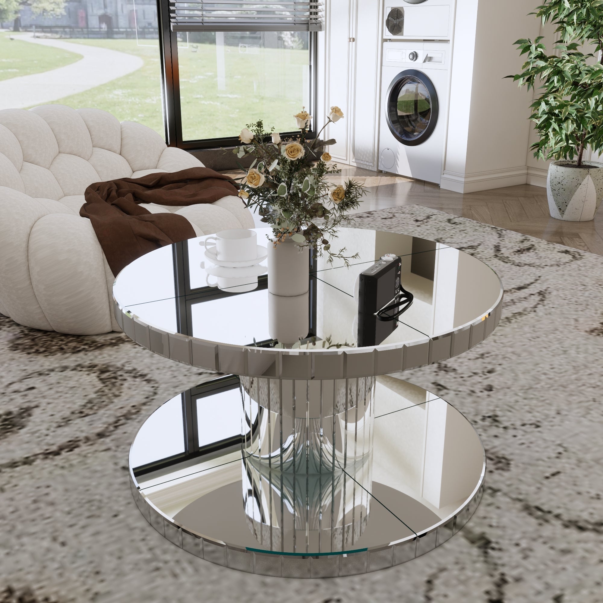 Luxury Double-Tier Round Mirror Coffee & End Table with Fluted Glass -