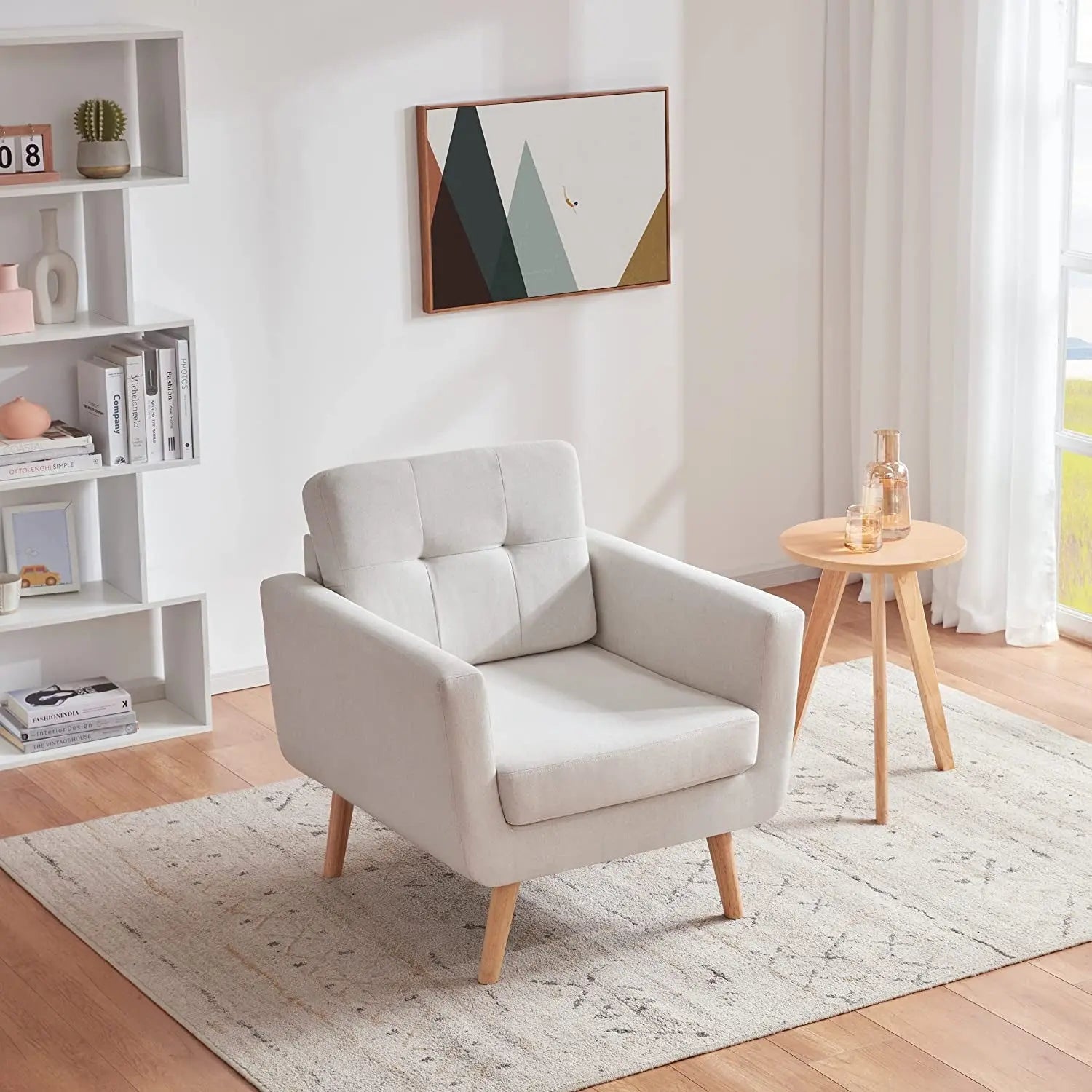 Beige Mid Century Accent Chair with Tufted Upholstery Peach Maple