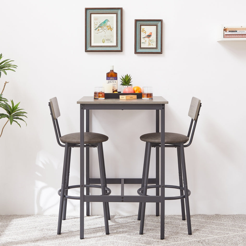 Bar Table Set With 2 Stools, PU Soft Seat & Backrest, Grey, 23.62 W X 35.4 H