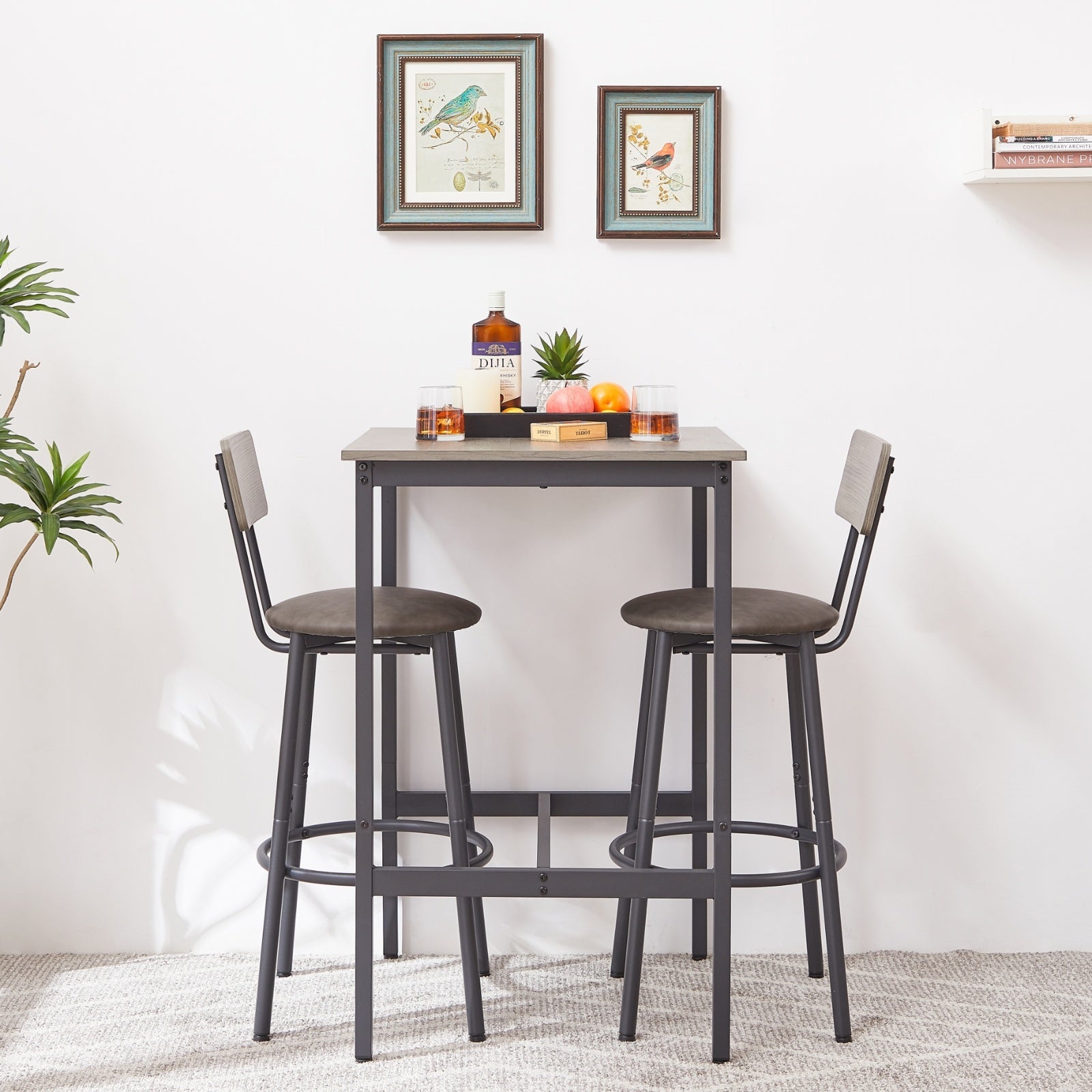 Bar Table Set With 2 Stools, PU Soft Seat & Backrest, Grey, 23.62 W X 35.4 H