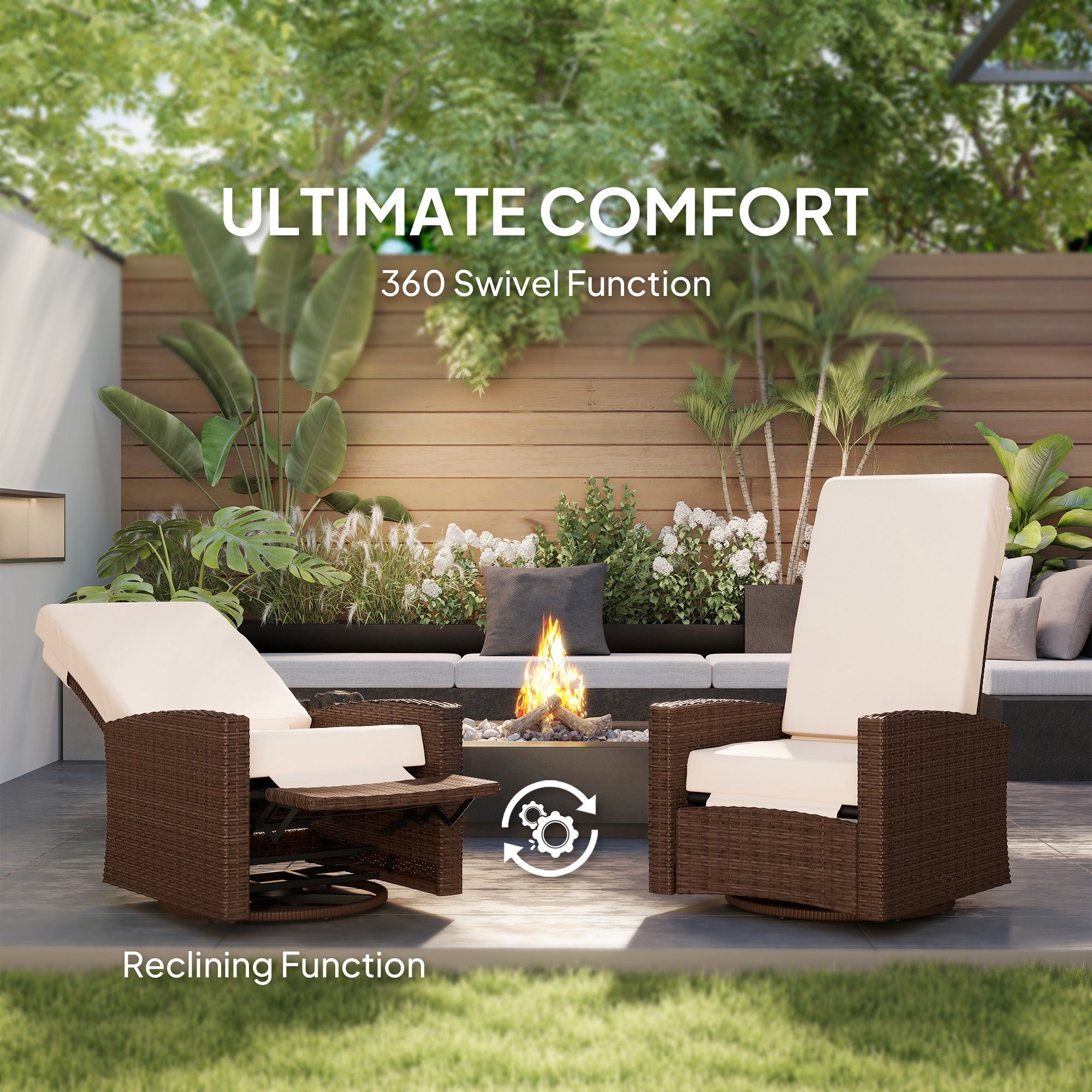 Outdoor Wicker Swivel Recliner Chair, Lifting Footrest, 360 Rotating Basic, Water-resistant Cushions, Cream White