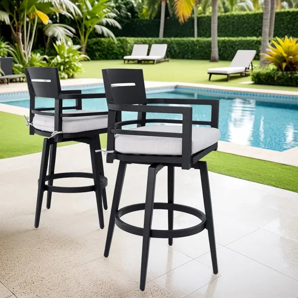 Modern Outdoor 2-Piece Swivel Bar Chairs - Aluminum Frame With Ember Black, 360 Swivel, Ergonomic Backrest  Armrests, Tapered Legs, Sunbrella Cushion, Weather-Resistant  Durable Patio Bar Stool