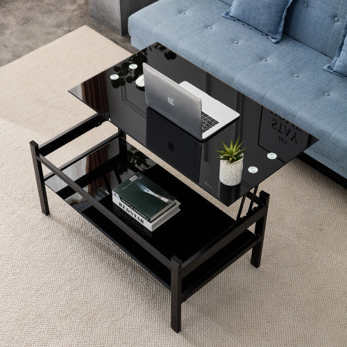 Glass Lift Top Coffee Table, Modern Simple 2-Layer Tempered Glass Coffee Table For Living Room, Black CJDropshipping