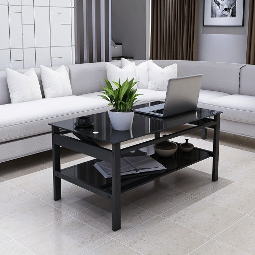 Glass Lift Top Coffee Table, Modern Simple 2-Layer Tempered Glass Coffee Table For Living Room, Black CJDropshipping