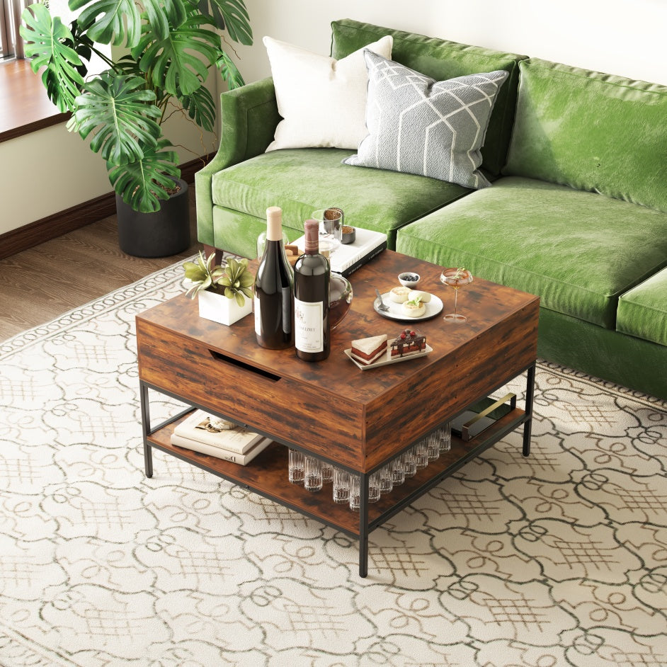 Farmhouse Flip Top Coffee Table With Storage Rustic Wood Grain Table, Hidden Storage Compartment For Living Room, Sturdy Metal Frame Easy To Assemble & Clean CJDropshipping