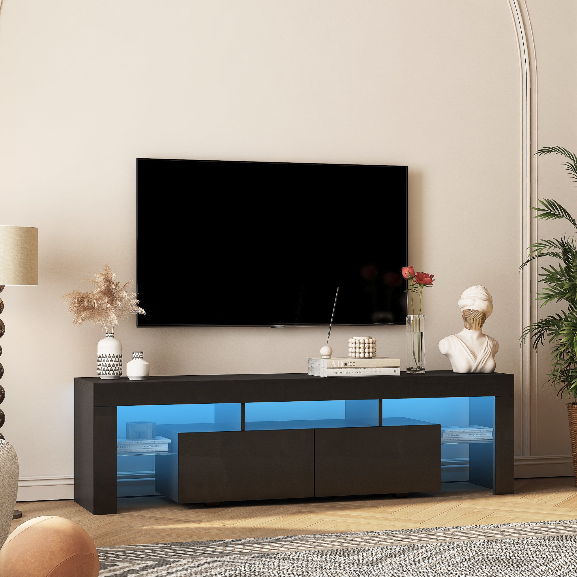High Gloss TV Stand With LED Lights For TVs Up To , Modern TV Console With Storage Cabinets For Living Room,Black