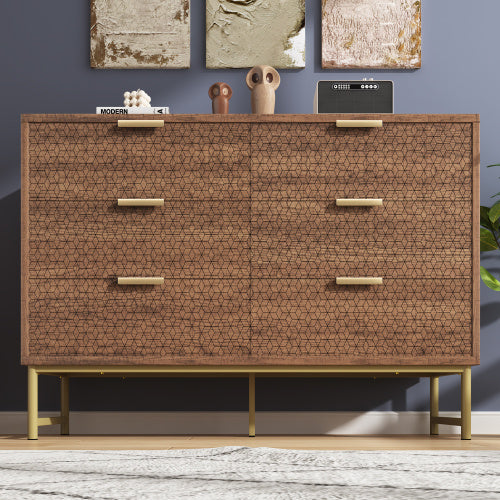 Embossed Design Sideboard Cabinet Dresser With 6 Drawers, Anti-tip, Sideboard For Living Room, Hallway, Bedroom, And Children's Room, 120 X 40 X 75 Cm, Walnut