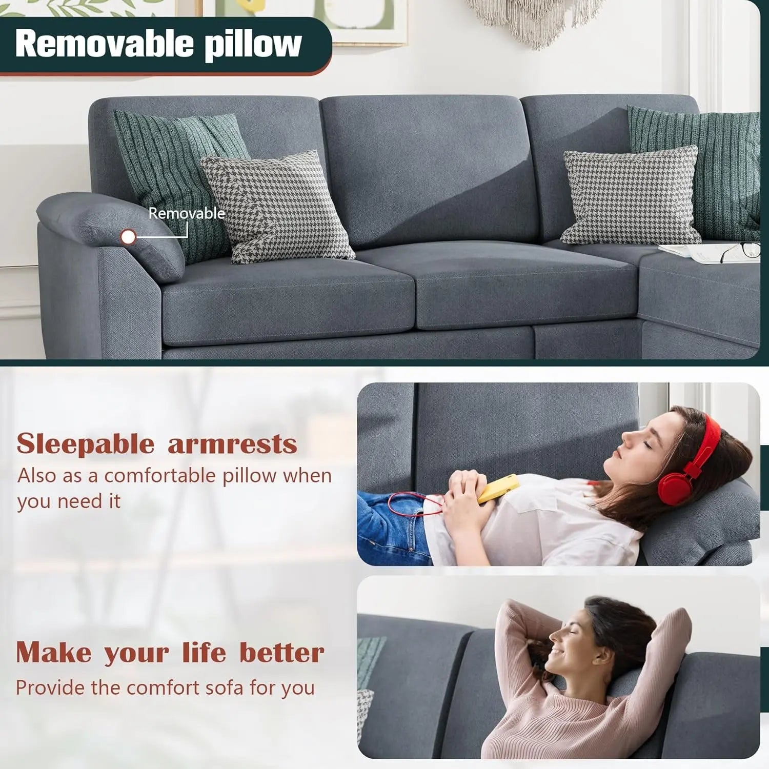 Gray Linen Sectional Sofa with Pillows Peach Maple