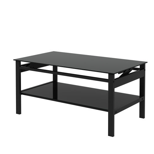 Glass Lift Top Coffee Table, Modern Simple 2-Layer Tempered Glass Coffee Table For Living Room, Black CJDropshipping