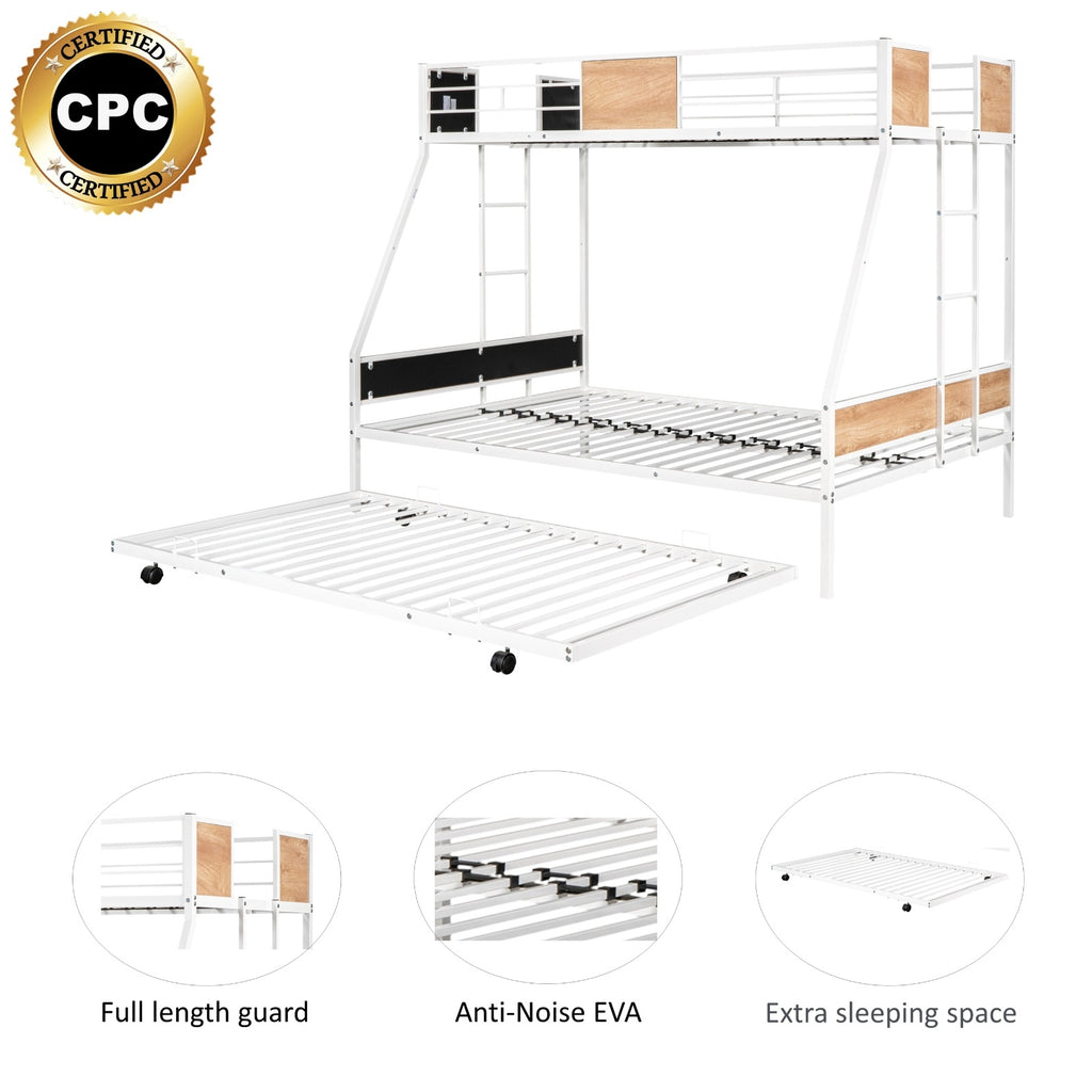 Metal Twin Over Full Bunk Bed With Trundle, Heavy-Duty, Noise Reduced, Guardrail