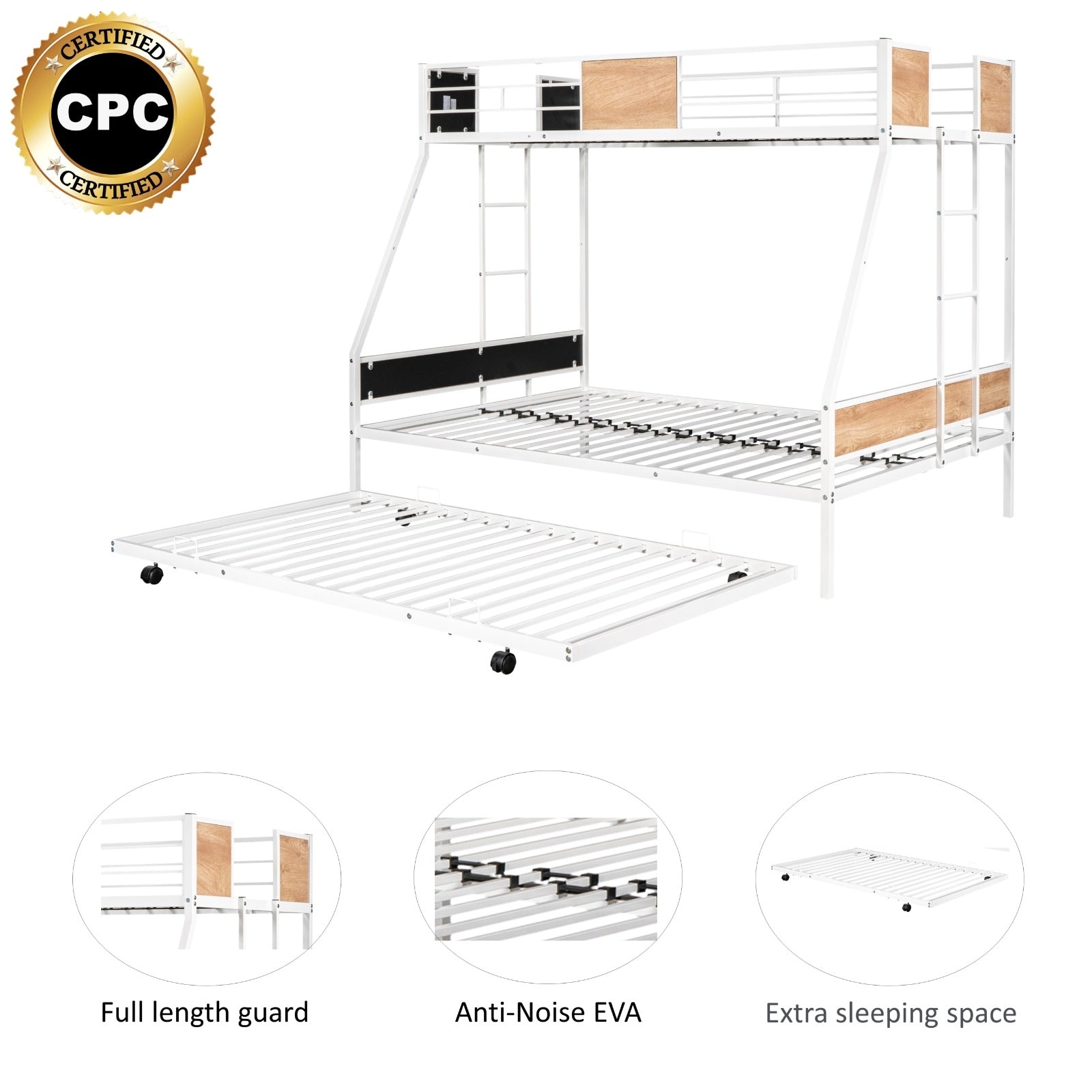 Metal Twin Over Full Bunk Bed With Trundle, Heavy-Duty, Noise Reduced, Guardrail