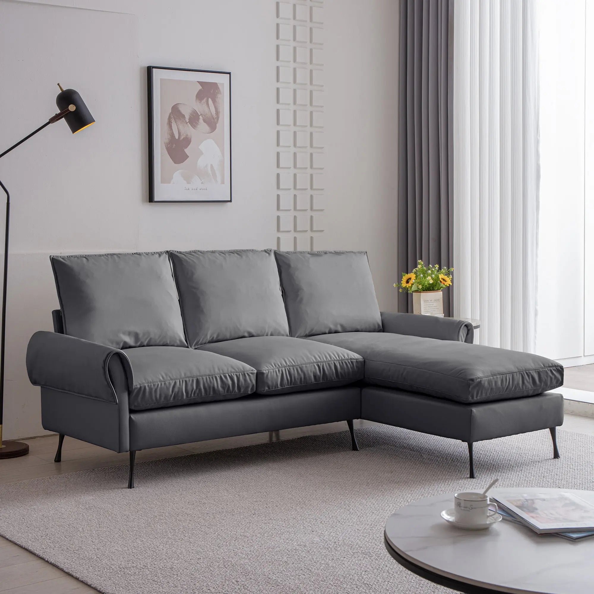 81"Modern Sectional Technical leather L-Shaped Sofa Couch with Sangria Beech