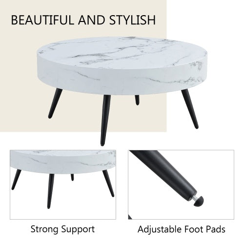 31.5 White Marble-Patterned MDF Round Coffee Table With Black Metal Legs.Adjustable Feet,Coffee Table,Round Table Design,MDF Material,White Marble Pattern