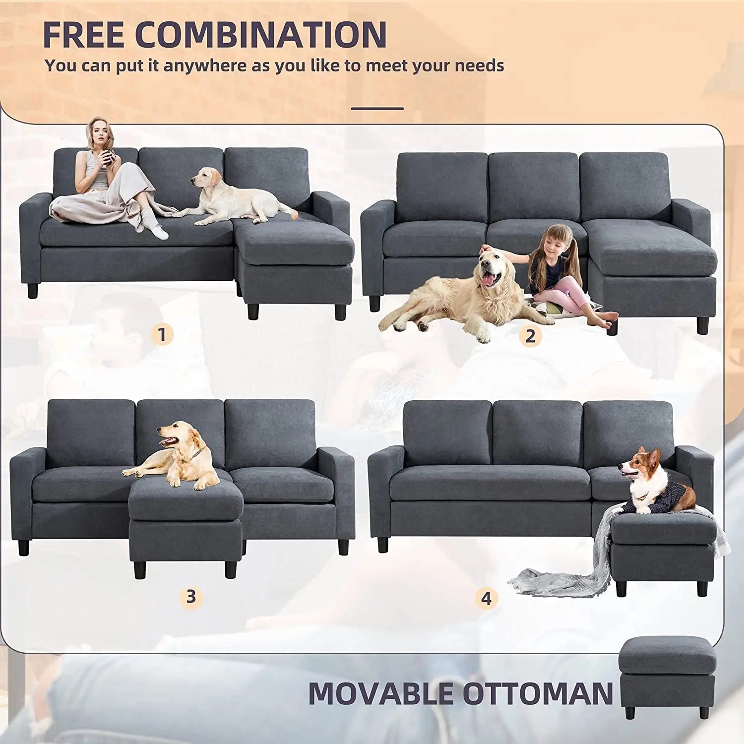 Linen L-Shaped Sectional Sofa Peach Maple