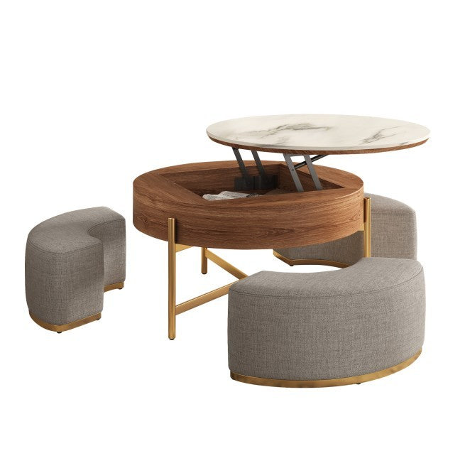 Lift Top Extendable 3 Legs Nesting Coffee Table With Storage 3 Stools Included