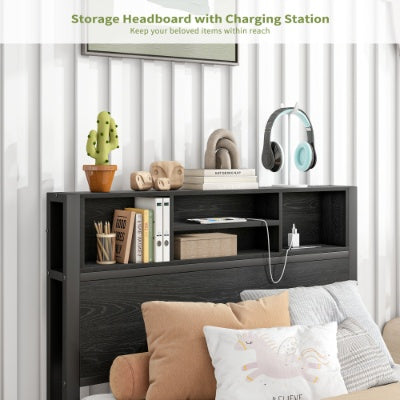 Twin Size Bed Frame With Storage Headboard, Metal Platform Bed With Charging Station, Bookcase Storage, No Box Spring Needed, Easy Assembly, Black