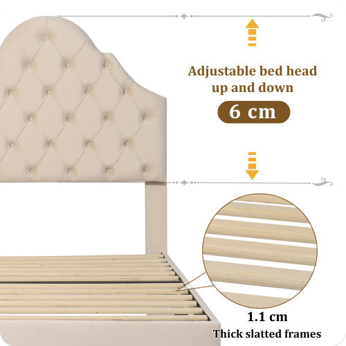 Upholstered Bed 90x190 With Slatted Frame And Headboard, Upholstered Bed With Height-adjustable Headboard, Youth Bed, Single Bed, Wooden Slat Support, Easy Assembly, Velvet, Beige
