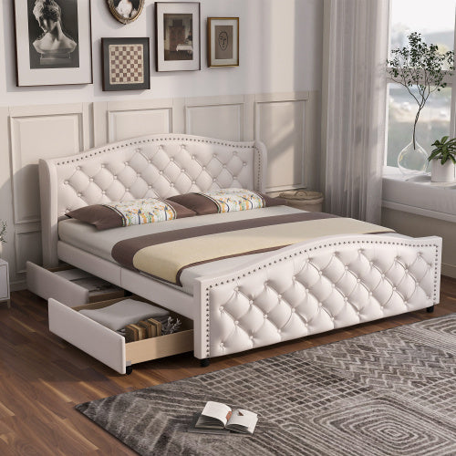 Upholstered Bed 135 X 190cm - Bed With Slatted Frame, 2 Drawers And Headboard With Pull Point Rivets - Wood & Faux Leather - White - Youth Bed Guest Bed