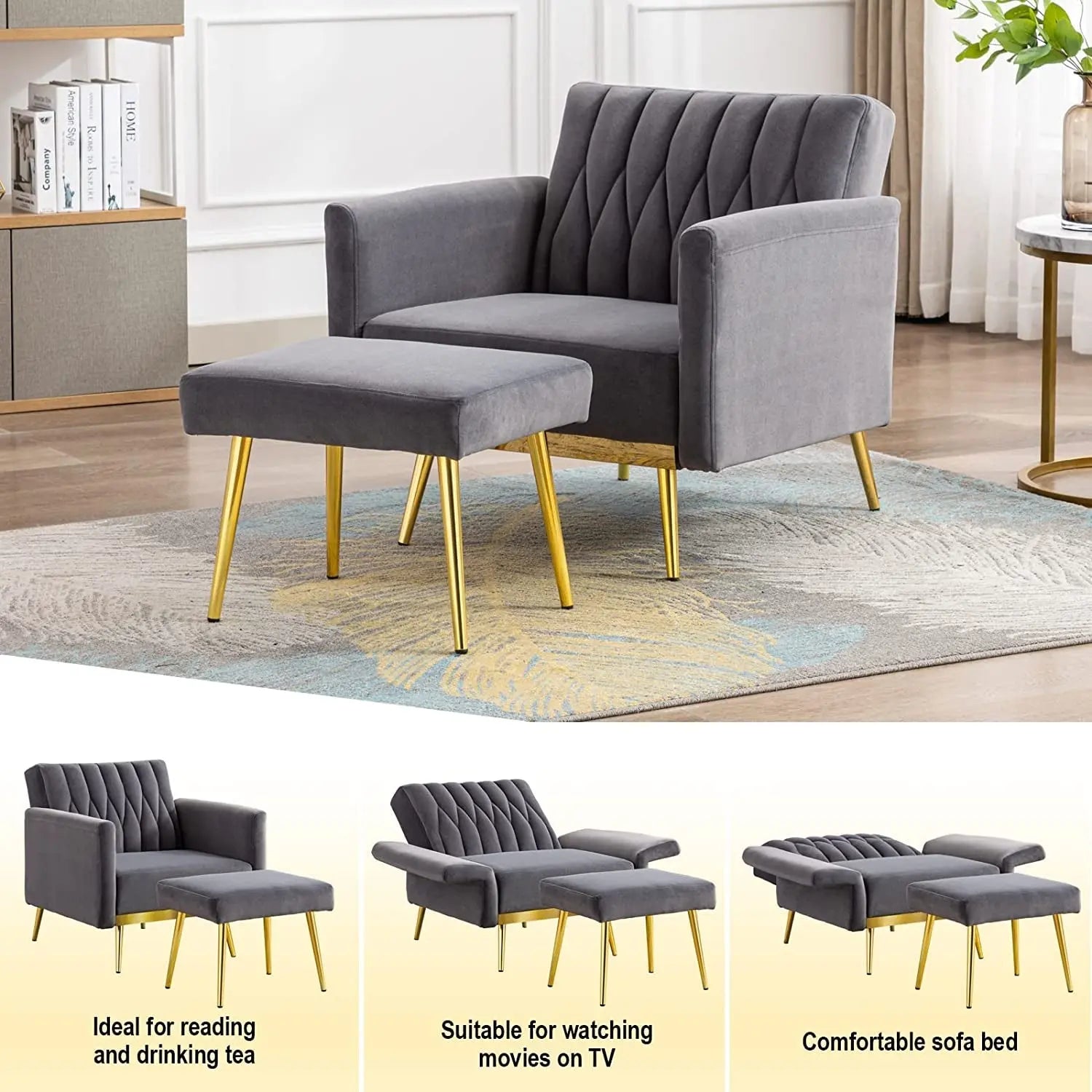 Grey Velvet Accent Chair with Ottoman and Armrests Peach Maple